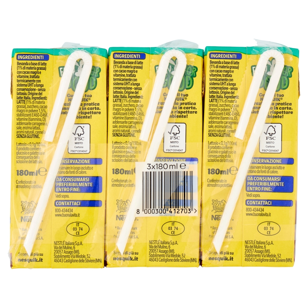 NESQUIK PRONTO DA BERE SENZA LATTOSIO Bevanda a base di latte e cacao solubile 3 brick da 180ml